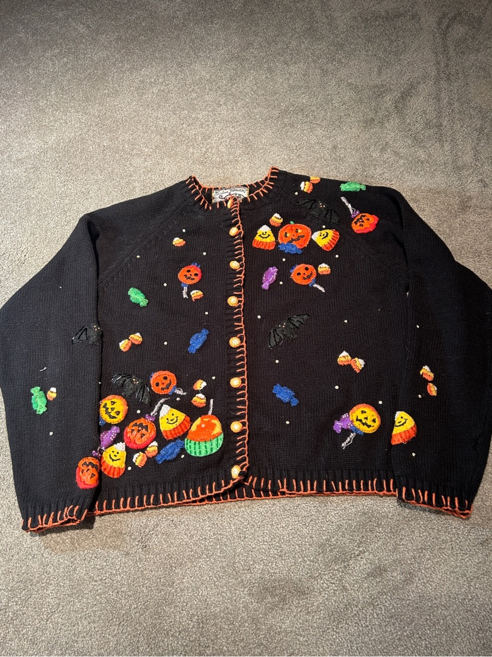 Black Halloween Embroidered Cardigan Sweater - Festive Pumpkin Motif